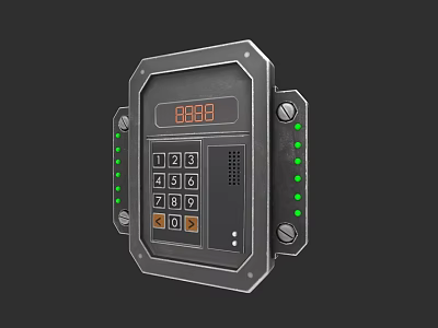Electronic Control Panel with Metal Casing Numeric Keypad Display Screen and Green Indicator Lights 3d model