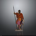 Man as Roman Soldier in Red Cloak Holding Spear and Shield Standing on Base