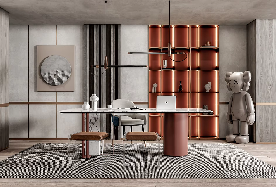 Modern Study Room With Orange Shelves White Desk Laptop Large Sculpture And Decorative Painting 3d model 