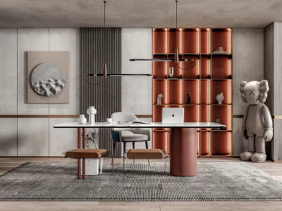 Modern Study Room With Orange Shelves White Desk Laptop Large Sculpture And Decorative Painting 3d model