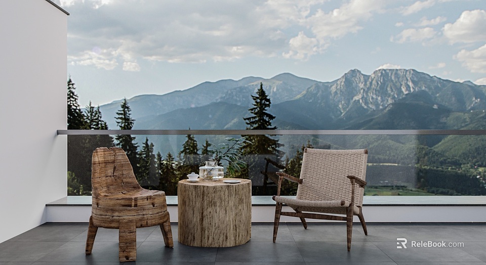Outdoor Wooden Stump Table in Scenic Mountain View Setting with Accent Chairs and Tea Set 3d model 