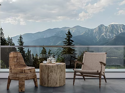 Outdoor Wooden Stump Table in Scenic Mountain View Setting with Accent Chairs and Tea Set 3d model