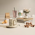 Stylish Decorative Ornament Set With Coffee Mugs Books Fresh Flowers And Walnuts For Tabletop
