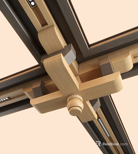 Wooden Ceiling Design with Intersecting Beams Dark Borders and Ornamental Central Column 3d model 