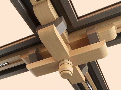 Wooden Ceiling Design with Intersecting Beams Dark Borders and Ornamental Central Column 3d model