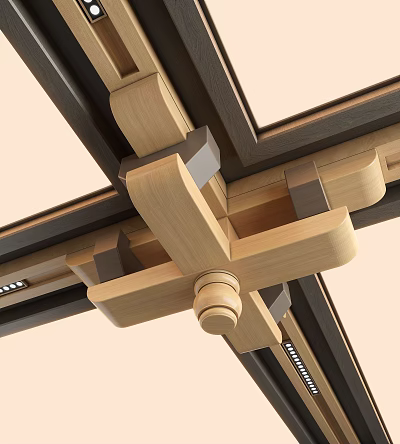 Wooden Ceiling Design with Intersecting Beams Dark Borders and Ornamental Central Column 3d model