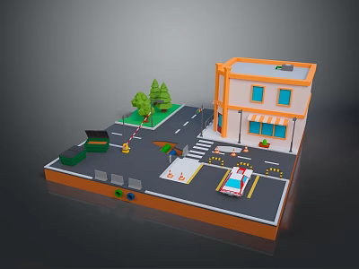 Miniature Urban Landscape Scene Featuring Orange Building Street Trees Traffic Signs And White Car 3d model