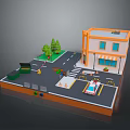 Miniature Urban Landscape Scene Featuring Orange Building Street Trees Traffic Signs And White Car
