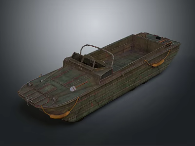 Green Military Style Open Deck Boat With Railings And Yellow Buoys 3d model