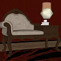 Vintage Single Sofa with Wooden Carved Frame Beige Upholstery Side Table Lamp and Red Wallpaper
