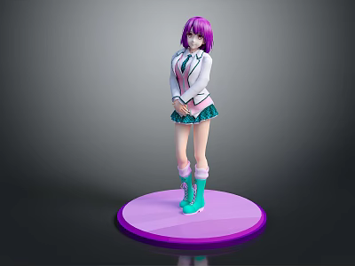Anime Game Character With Purple Hair White Blouse Green Skirt Blue Boots On Purple Base 3d model