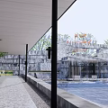 Modern Curved Pergola Design With Wooden Grille Roof Marble Walls And Water Feature