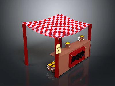 Red And White Checkered Canopy Food Stall With Wooden Barrels And Signage 3d model