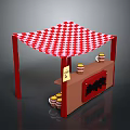 Red And White Checkered Canopy Food Stall With Wooden Barrels And Signage