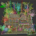 Cartoon Forest Scenery With Thatched Huts Trees Wooden Ladder And Green Vegetation