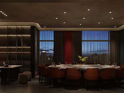 Elegant Private Dining Room With Round Table Brown Chairs Large Windows And Decorative Plant 3d model