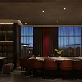 Elegant Private Dining Room With Round Table Brown Chairs Large Windows And Decorative Plant