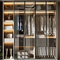 Modern Wardrobe Interior With Glass Doors Hanging Clothes And Layered Storage Design