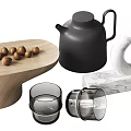 Decorative Ornament Set With Wooden Tray Marble Ring Black Teapot And Glass Cups