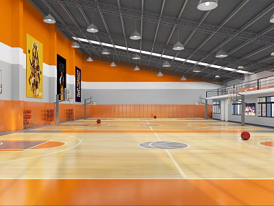 Spacious Basketball Gym Interior With Wooden Flooring Hoops And Balls 3d model