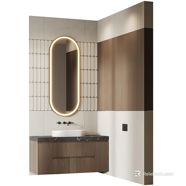 Modern Bathroom Interior With Oval Backlit Mirror And Grid Patterned Accent Wall 3d model 