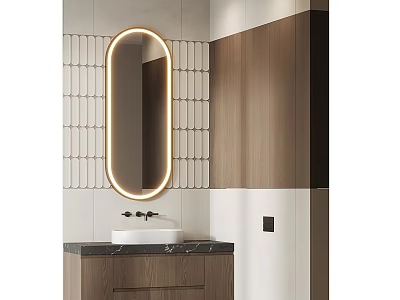 Modern Bathroom Interior With Oval Backlit Mirror And Grid Patterned Accent Wall 3d model