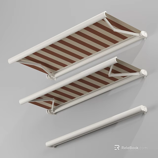 Retractable Awning Components With Brown And White Striped Canvas And Metal Frame 3d model 