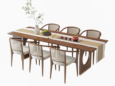 Wooden Tea Table and Chairs Set With Woven Back Vase Fruit Plate and Tea Set 3d model