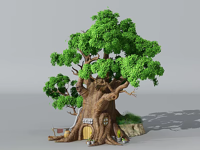 Cartoon Fairy Scene Featuring Big Tree With Hollow Door Thick Trunk And Lush Green Leaves 3d model