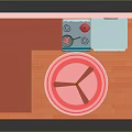 Cartoon Kitchen Interior With Pink Walls Orange Cabinets Blue Oven And Light Blue Refrigerator