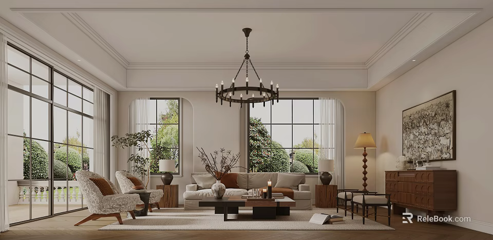 Cozy Modern Living Room Interior Design With Chandelier Sofa Large Windows And Plants 3d model 