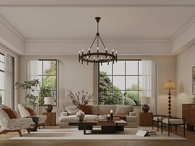 Cozy Modern Living Room Interior Design With Chandelier Sofa Large Windows And Plants 3d model