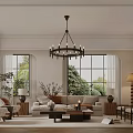 Cozy Modern Living Room Interior Design With Chandelier Sofa Large Windows And Plants