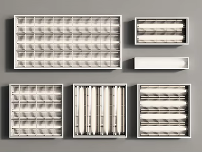 Various Style Grille Lights Including Square And Long Tube Designs Arranged On Gray Background 3d model