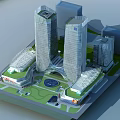 Modern High Rise Office Building Complex With Green Landscaped Area And Architectural Design