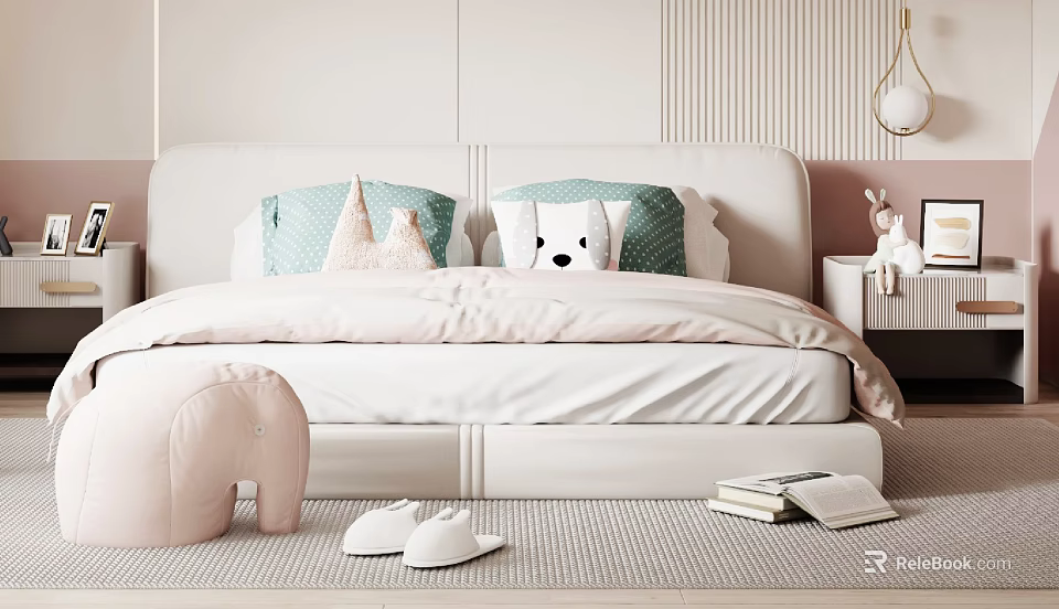 Kids Bed With Upholstered Headboard Colorful Pillows Animal Toy And Soft Rug 3d model 