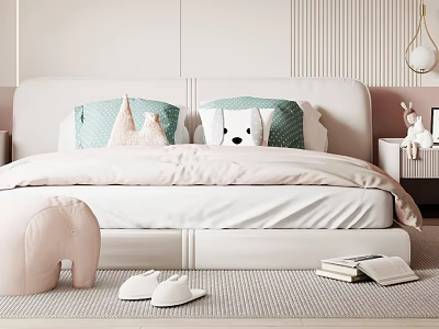 Kids Bed With Upholstered Headboard Colorful Pillows Animal Toy And Soft Rug 3d model