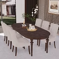 Elegant Oval Wooden Dining Table Set with Light Tufted Chairs and Pendant Light