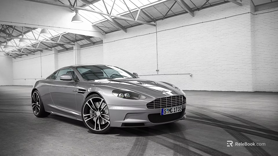 Silver Sports Car Parked In Indoor Space With White Walls Metal Roof And Tire Tracks 3d model 