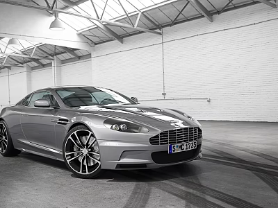 Silver Sports Car Parked In Indoor Space With White Walls Metal Roof And Tire Tracks 3d model