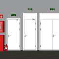 Fire Safety Equipment With White Emergency Exit Doors And Red Extinguisher Cabinet
