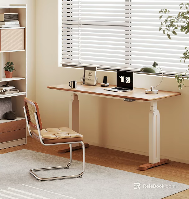 Adjustable Wooden Desk With Laptop Desk Lamp Mug And Photo Frame By Window With Blinds 3d model 