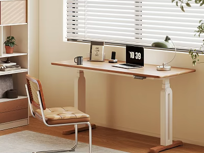 Adjustable Wooden Desk With Laptop Desk Lamp Mug And Photo Frame By Window With Blinds 3d model