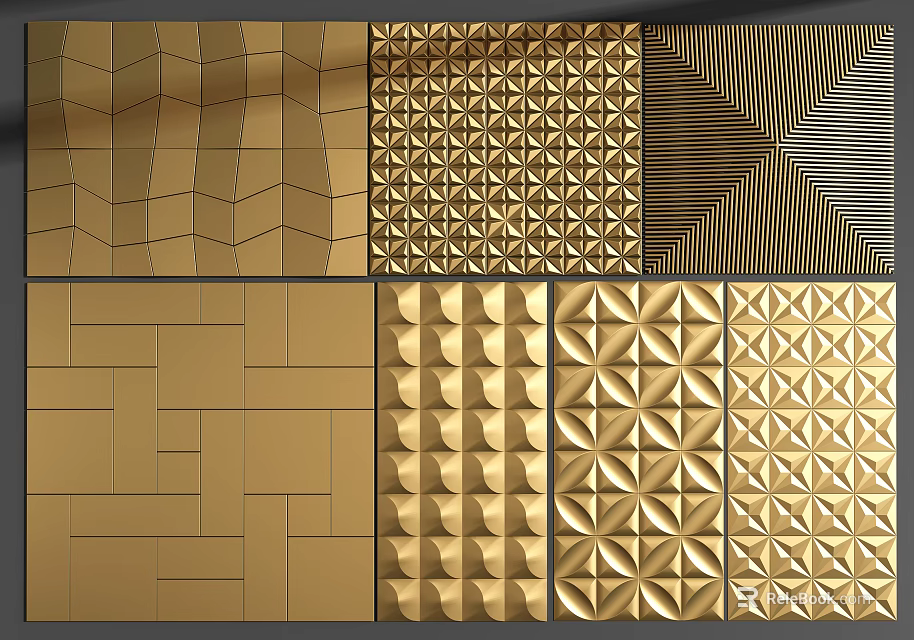 Modern Golden Decorative Wall Panels With Various Geometric Patterns And Textures 3d model