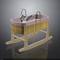 Baby Cradle With Wooden Base Yellow Pink Woven Body And Small Pillow Handles