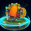 Frog Warrior Character With Armor Shield And Sword Standing On Lily Pad With Lotus Flowers
