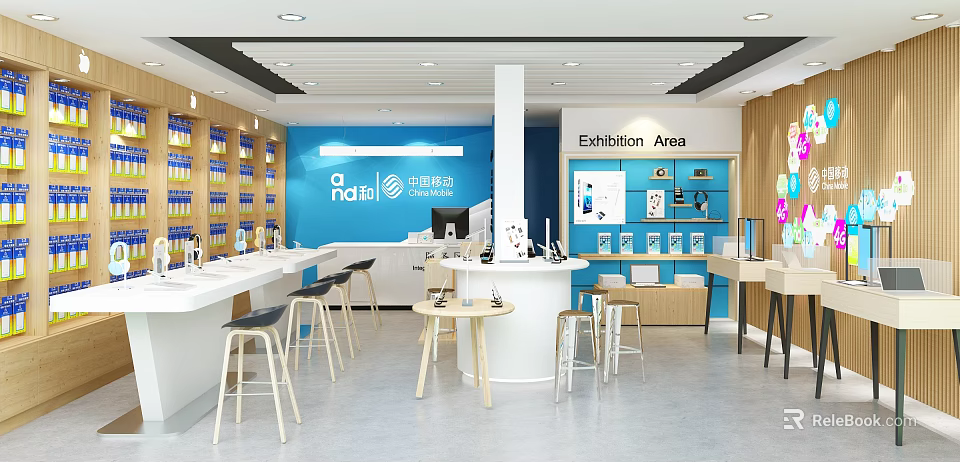 Modern Digital Store Interior With Blue Wall Exhibition Area And Mobile Phones 3d model 