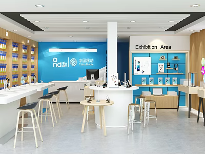 Modern Digital Store Interior With Blue Wall Exhibition Area And Mobile Phones 3d model