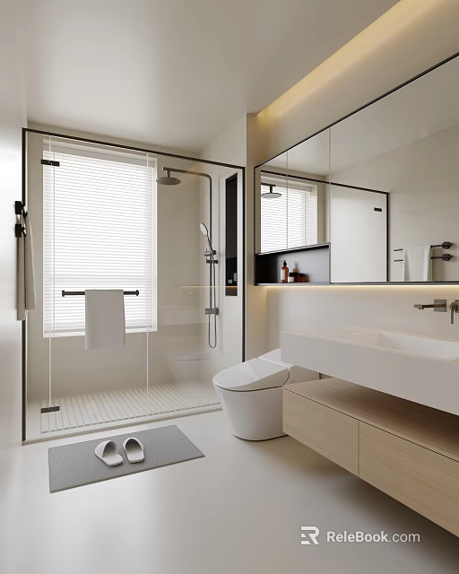 Modern Bathroom Interior With Glass Shower Enclosure Window Blinds Large Mirror And Vanity Sink 3d model 