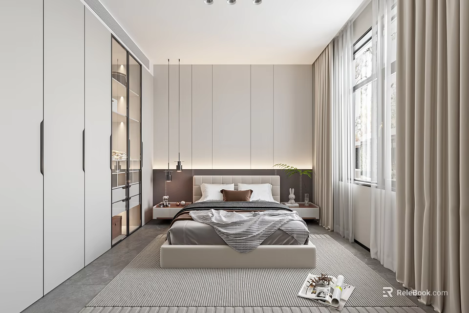 Modern Bedroom Interior Design With White Wardrobe King Size Bed Nightstand And Pendant Lights 3d model 